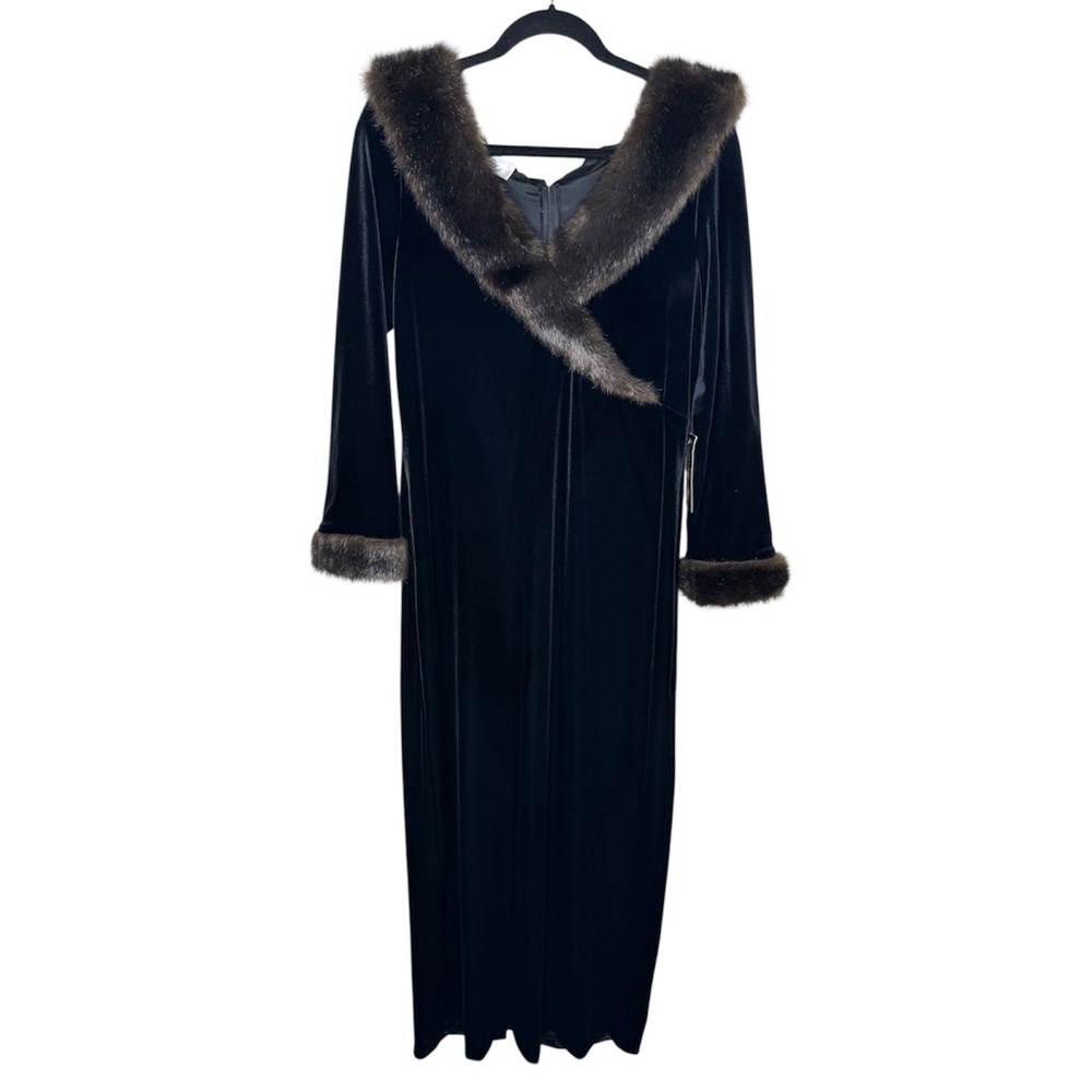 Patra womens L black velvet long sleeve fur cuff maxi dress witchy Gala formal - Picture 1 of 9